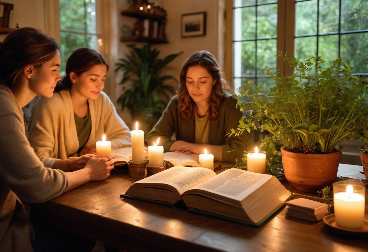 A warm, inviting scene of a diverse group of people engaged in a cozy, intimate discussion around a beautifully set table with soft, ambient lighting. A stack of open books on one side representing education, with plants and candles adding to the atmosphere, and soft textures like blankets and cushions inviting relaxation and growth. The image conveys a sense of connection, curiosity, and exploration of intimate topics. vibrant colors. super-realistic. warm tones.