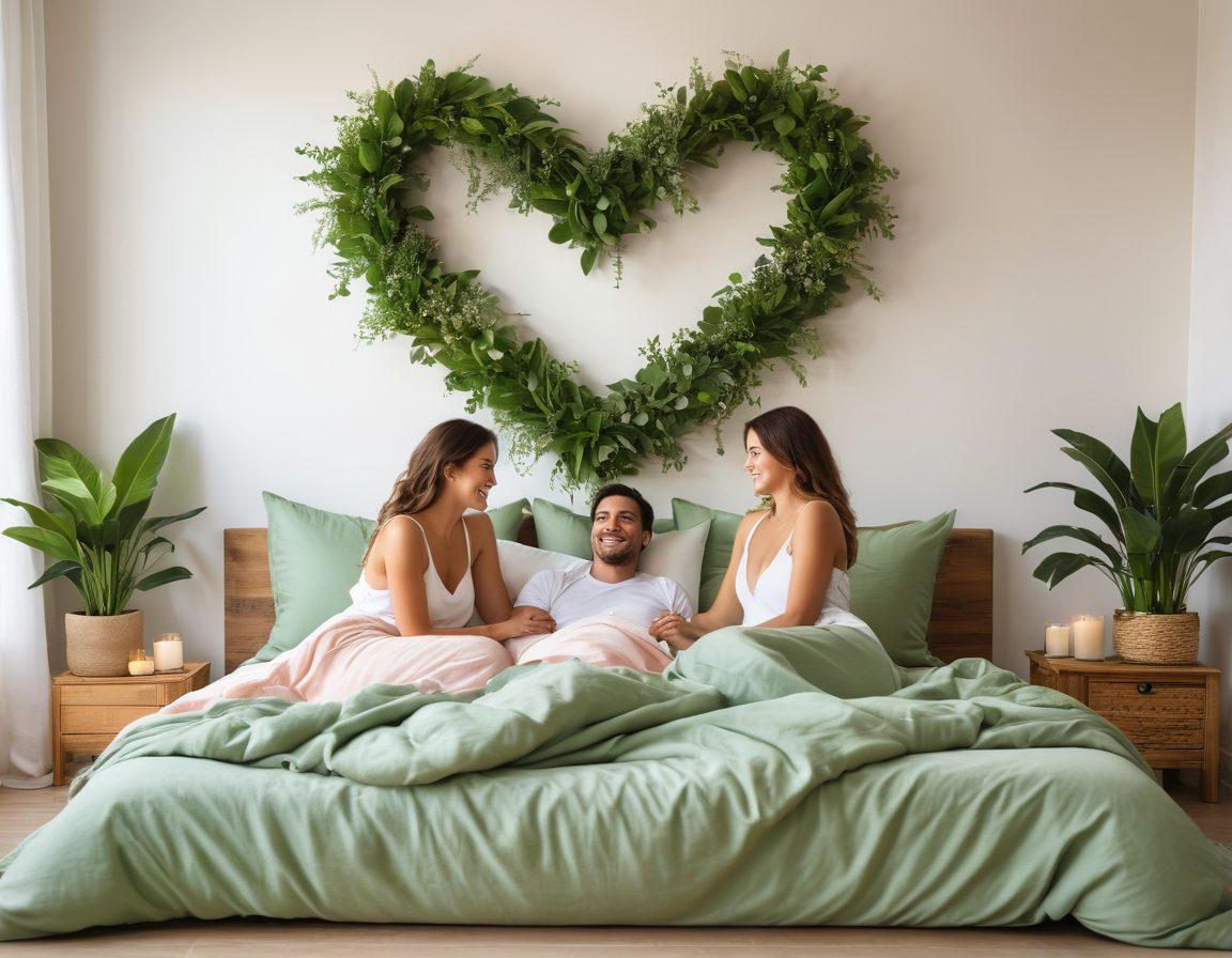 A serene and inviting bedroom scene featuring a comfortable bed with soft, pastel-colored linens, surrounded by elements that represent healthy relationships – like intertwined hands, a heart-shaped decoration, and plants symbolizing growth. Include a couple sitting together on the bed, smiling and engaging in a meaningful conversation, showcasing emotional intimacy and connection. The ambiance should be warm and inviting, promoting a sense of safety and trust. vibrant colors. soft focus. natural lighting.