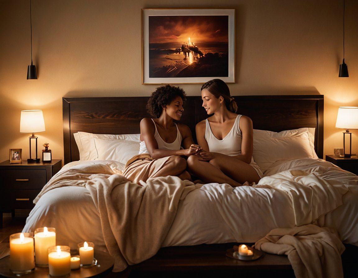 A cozy bedroom scene with soft lighting, showcasing a couple engaging in intimate conversation with expressions of joy and connection. In the background, elements of sensual wellness like candles and essential oils are subtly included. The overall atmosphere should exude warmth, comfort, and openness to evoke themes of intimacy and relationship building. super-realistic. warm colors. soft focus.